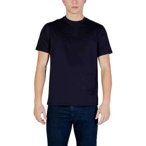 Armani Exchange men black crew-neck t-shirt with subtle embossed branding across the chest in cotton material