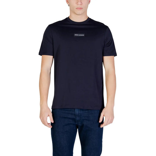 Black Armani Exchange men t-shirt with short sleeves and subtle rectangular logo patch on the chest