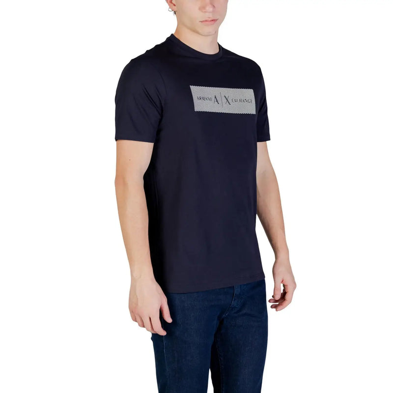 Armani Exchange men black short-sleeved t-shirt featuring a rectangular white logo patch on the chest