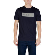 Black short-sleeved Armani Exchange men t-shirt with a rectangular embossed silver armani exchange logo on the front