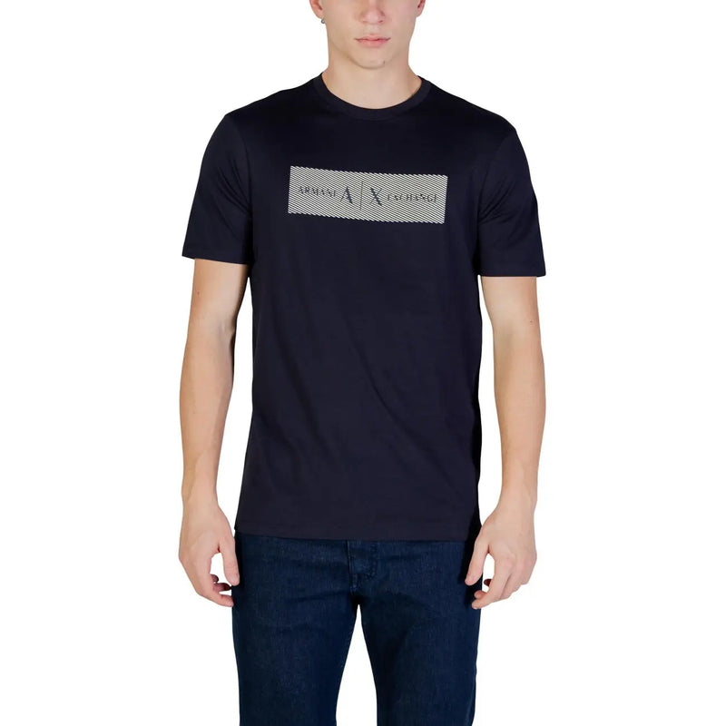 Black short-sleeved Armani Exchange men t-shirt with a rectangular embossed silver armani exchange logo on the front