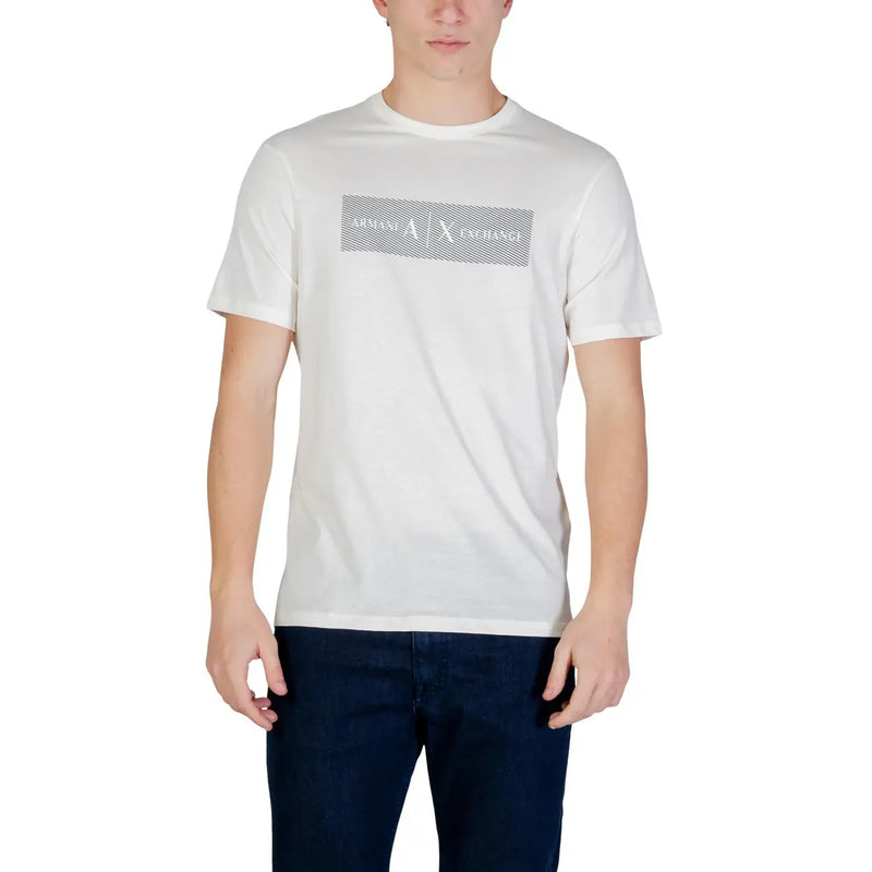Armani Exchange men t-shirt in white cotton with a gray rectangular logo featuring the brand’s signature pattern
