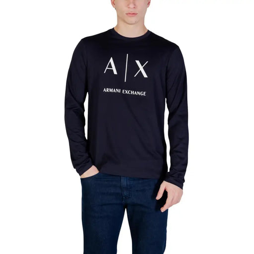 Marineblaues Langarmshirt Armani Exchange Männer t-shirt mit weißem Axt-Logo und Markennamen auf der Brust