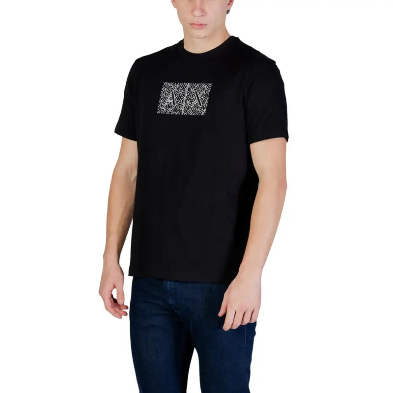 Armani Exchange Männer t-shirt Aus schwarzem Baumwollstoff mit weißem abstraktem Grafikmuster auf der Brust für lässige Kleidung