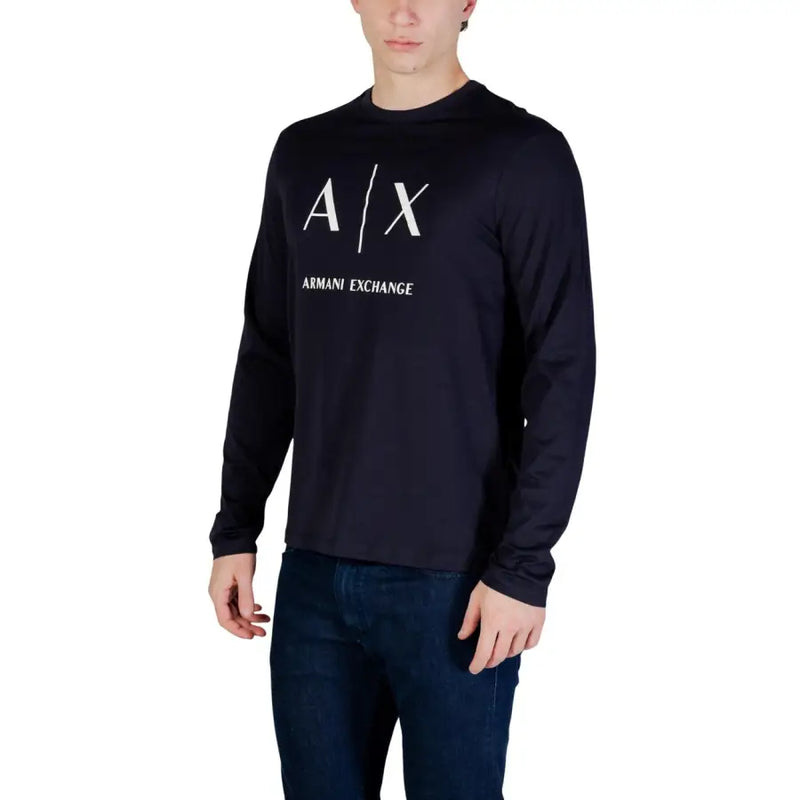 Armani Exchange Herren Langarmshirt schwarz t-shirt mit weißem Axt-Logo und Markennamen auf der Brust