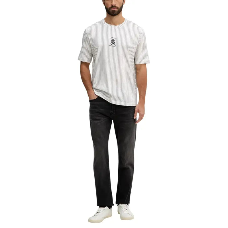 Armani Exchange Männer t-shirt Weißes Langarmshirt mit schwarzen Längsstreifen und schwarzem, gesticktem Logo auf der Brust