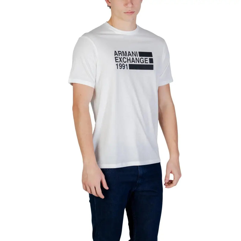Weiß Armani Exchange Herren Kurzarm-Baumwollhemd t-shirt mit schwarzem Grafikprint von 1991 für Freizeitkleidung