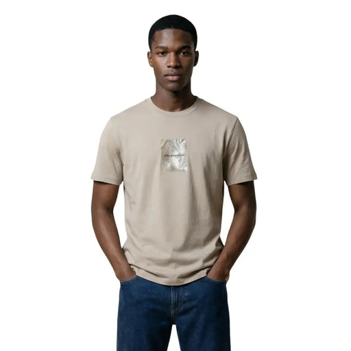Armani Exchange men t shirt beige short sleeved cotton with subtle metallic palm leaf graphic on chest