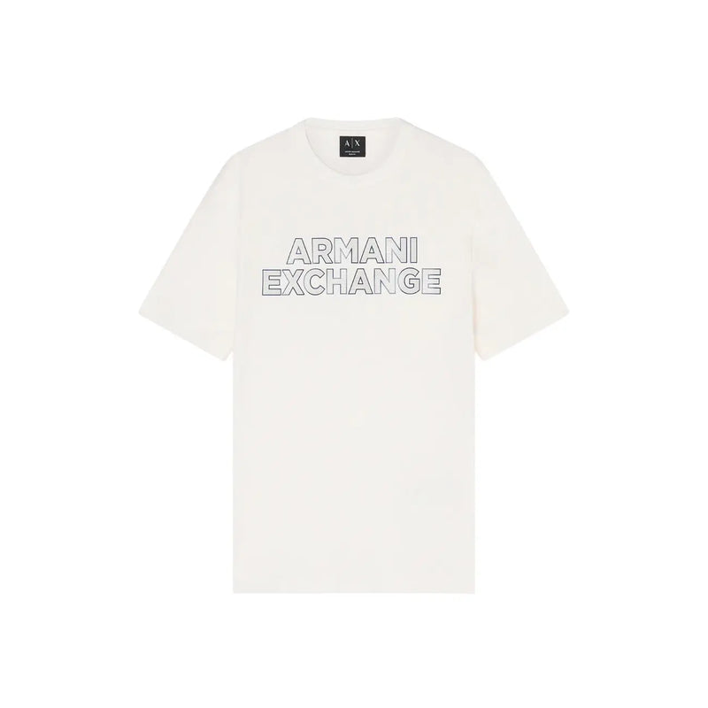 Cream-colored Armani Exchange men t-shirt with bold outlined Armani Exchange logo across the chest