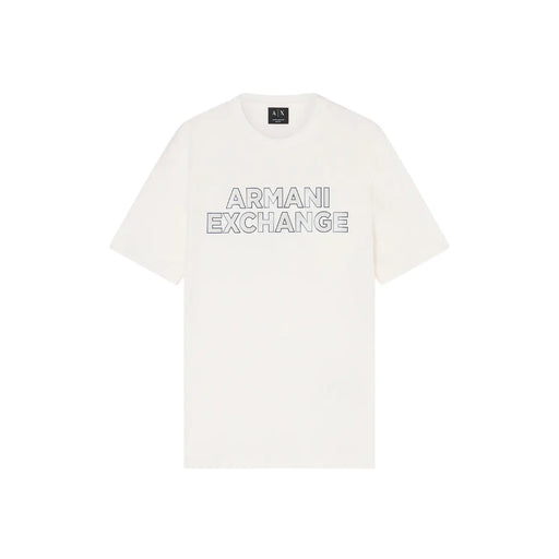 Cream-colored Armani Exchange men t-shirt with bold outlined Armani Exchange logo across the chest