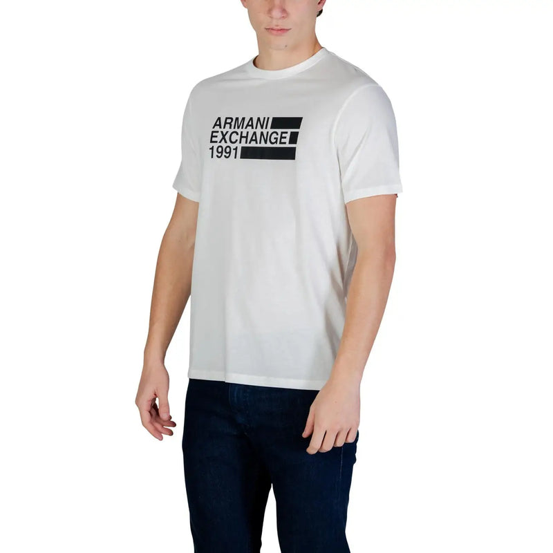 Armani Exchange men white t-shirt with black graphic print featuring cotton material for casual wear