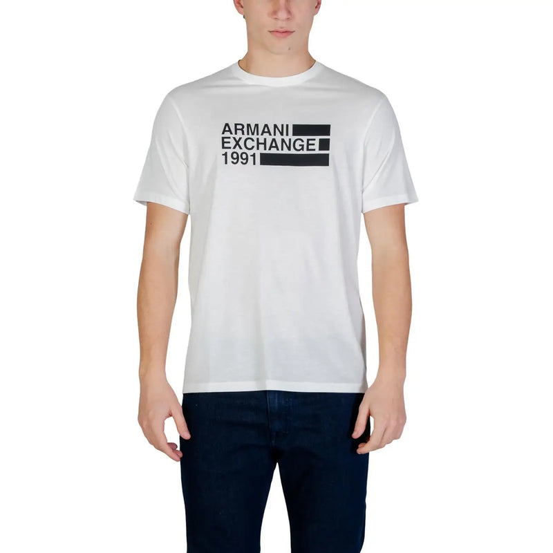White armani exchange 1991 short-sleeved cotton t-shirt with black graphic print for men by armani exchange