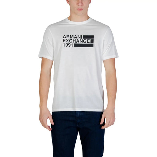 White armani exchange 1991 short-sleeved cotton t-shirt with black graphic print for men by armani exchange