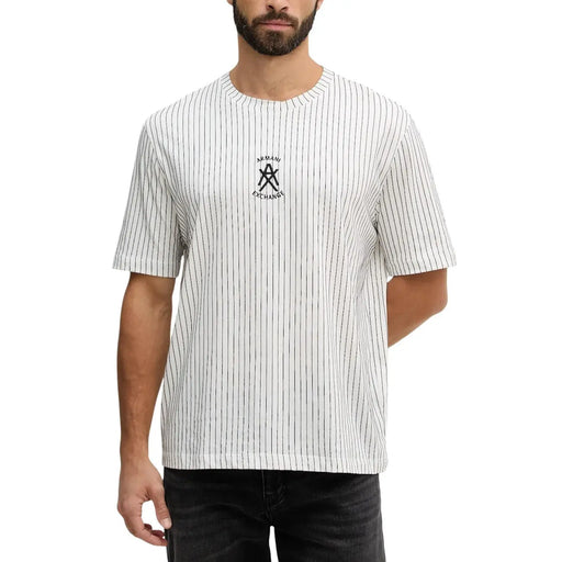 Armani Exchange men t-shirt with white and black vertical stripes short sleeves and small chest logo