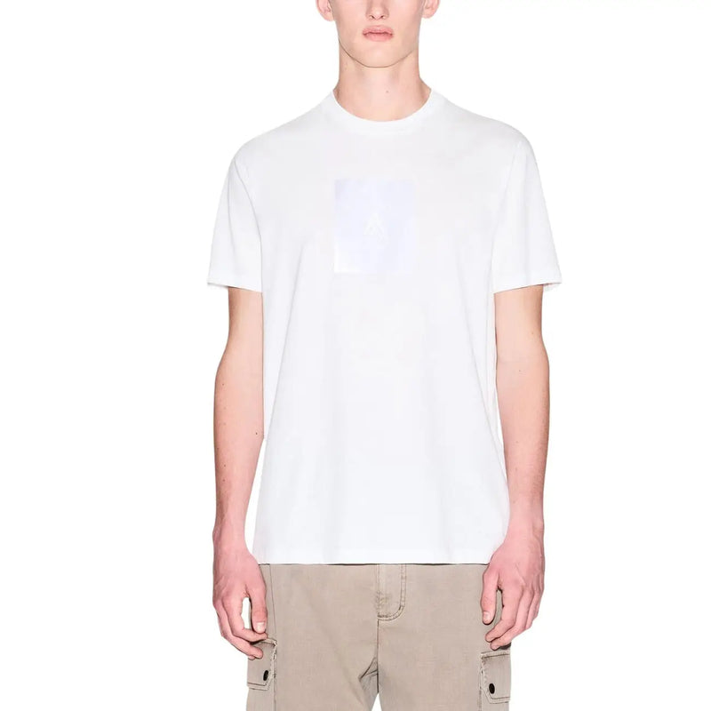 Armani Exchange men white crew-neck t-shirt with light gray rectangular logo on chest for casual wear