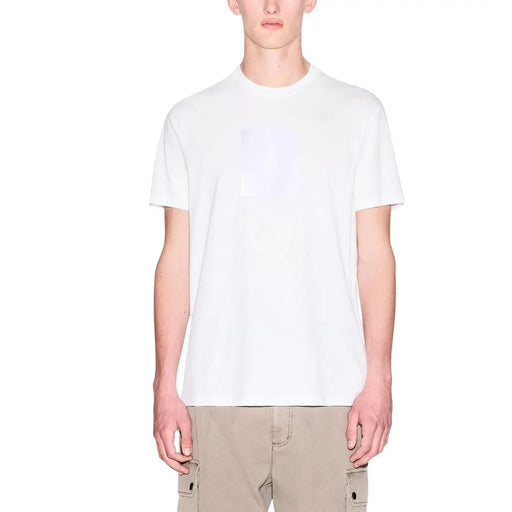 Armani Exchange men white crew-neck t-shirt with light gray rectangular logo on chest for casual wear