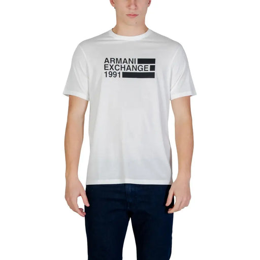 White armani exchange 1991 short-sleeved cotton t-shirt with black graphic print for men by armani exchange