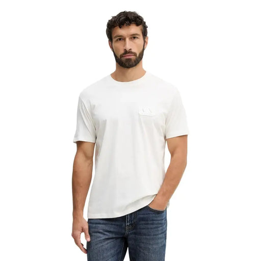 Armani Exchange men white crew-neck t-shirt with subtle logo patch on left chest in soft cotton material