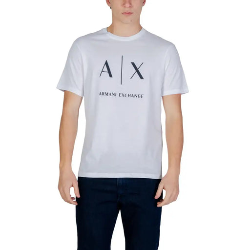 Armani Exchange men t shirt white cotton with black a x logo and brand name printed across the chest