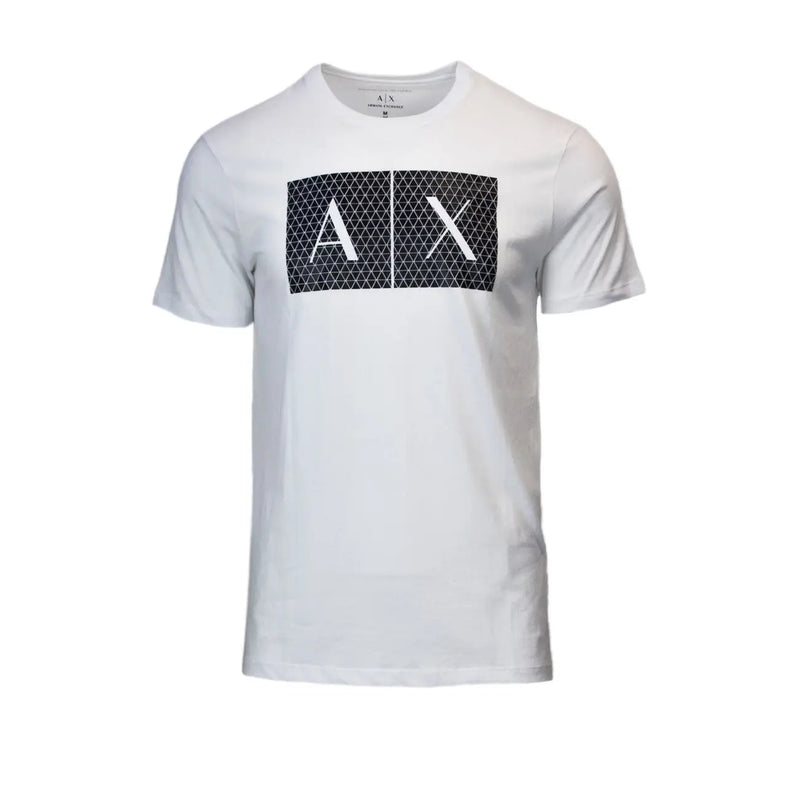 Weiße Baumwolle Armani Exchange Männer t-shirt mit einem markanten schwarzen rechteckigen Logo mit weißer Axt-Schrift und Gittermuster