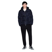 Navy blue quilted puffer jacket with hood and front zipper pockets by armani exchange for men