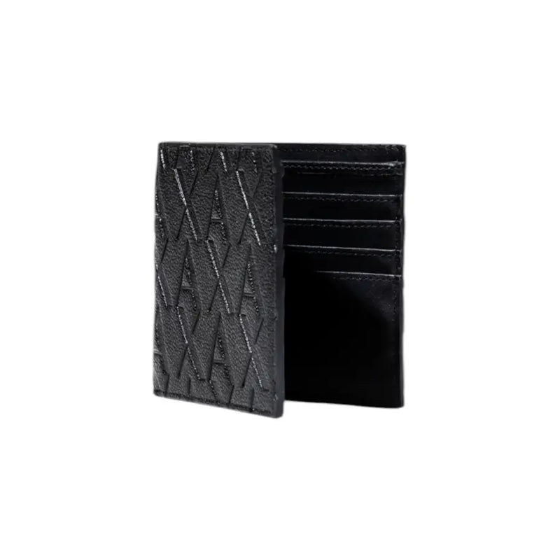 Armani Exchange Herren-Geldbörse aus schwarzem Leder mit geprägtem geometrischem Muster, das das Design auf der Rückseite zeigt