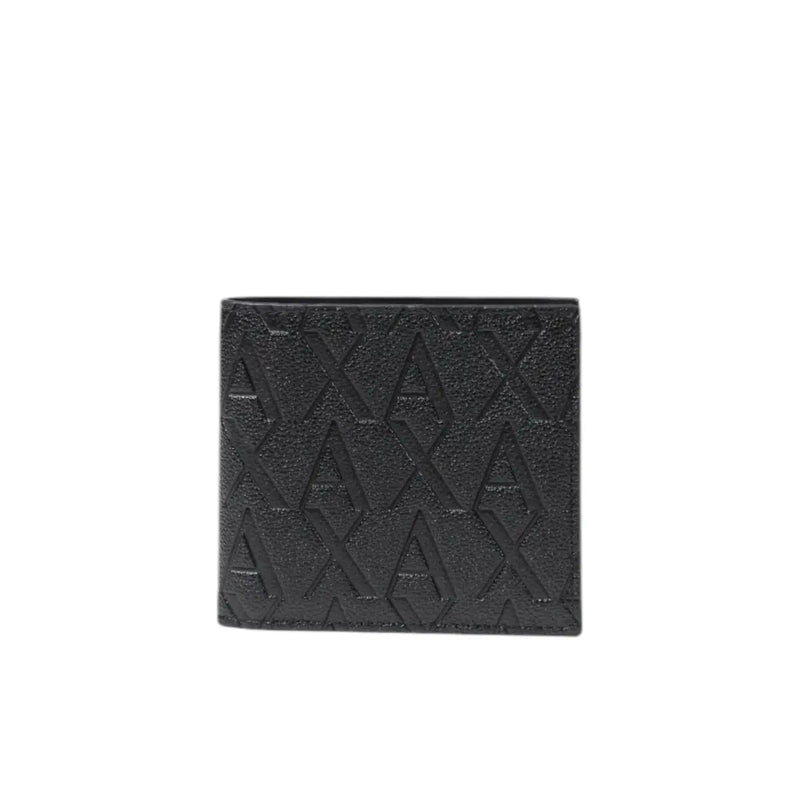 Black leather Armani Exchange men wallet with embossed repeating ax logo pattern in polyester ID design