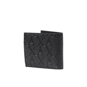 Black leather Armani Exchange men wallet with embossed repeating axa logo pattern in polyester for ID storage