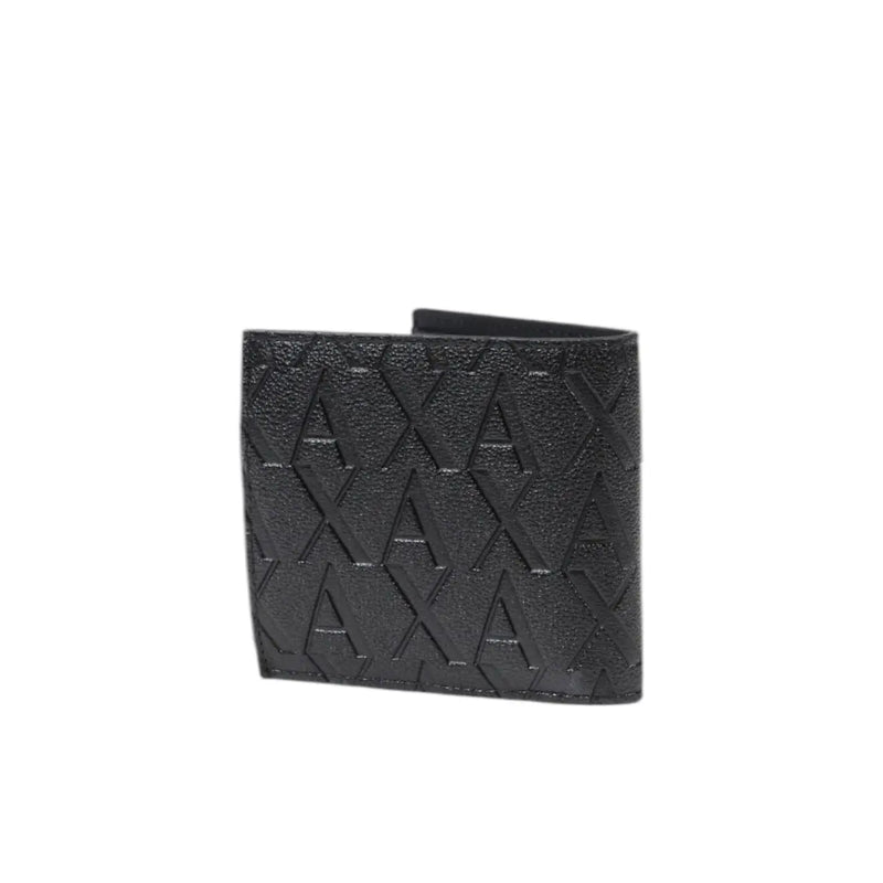 Black leather Armani Exchange men wallet with embossed repeating axa logo pattern in polyester for ID storage