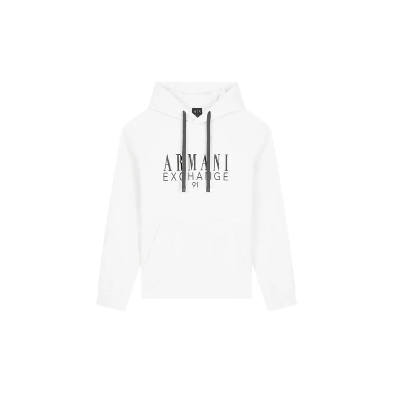 Armani Exchange Weißer Herren-Hoodie aus Baumwolle mit schwarzen Kordelzügen und auffälligem Aufdruck armani exchange 91-Logo auf der Brust