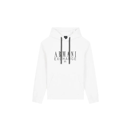 Armani Exchange Weißer Herren-Hoodie aus Baumwolle mit schwarzen Kordelzügen und auffälligem Aufdruck armani exchange 91-Logo auf der Brust