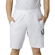 Armani Exchange men white cotton shorts with a black logo on the left leg for casual wear