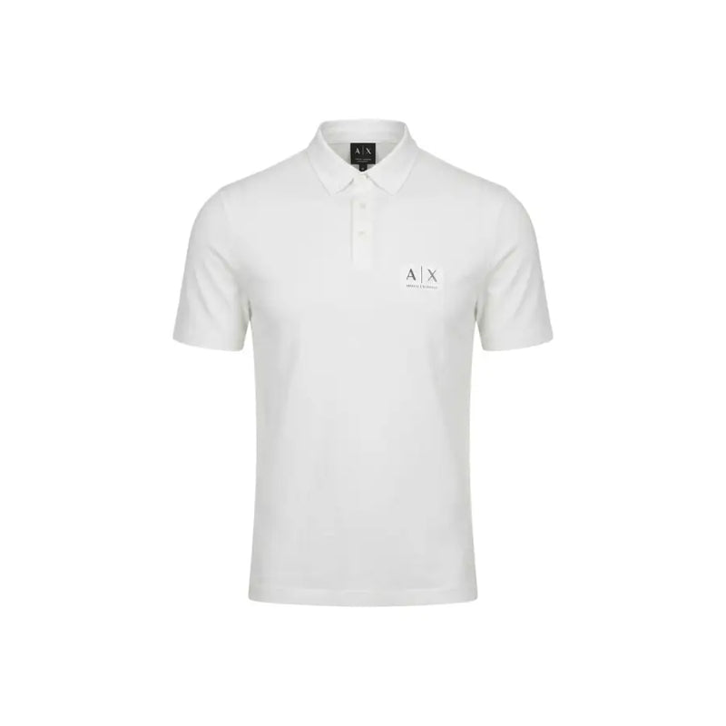 Armani Exchange Weißes Herren-Poloshirt aus Baumwolle mit kurzen Ärmeln, dezentem Brustlogo und Markenetikett am Kragen.