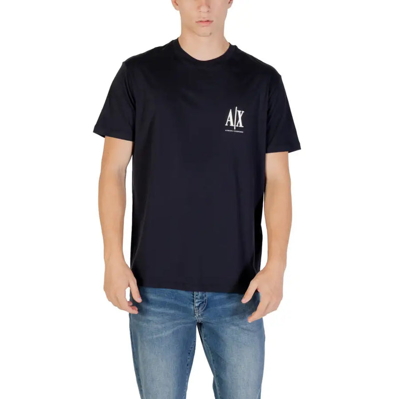 Men’s navy blue short-sleeve T-shirt with white Armani Exchange A|X logo