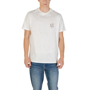 Men’s white cotton short-sleeve round neck T-shirt with small graphic logo and blue jeans