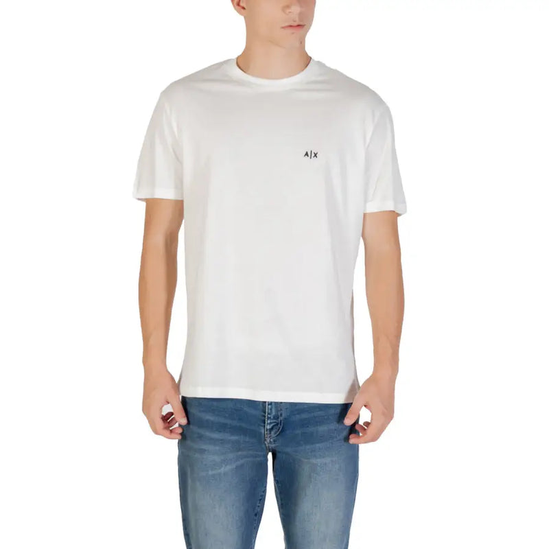 Men’s white cotton crew-neck T-shirt with black logo on chest, paired with blue jeans