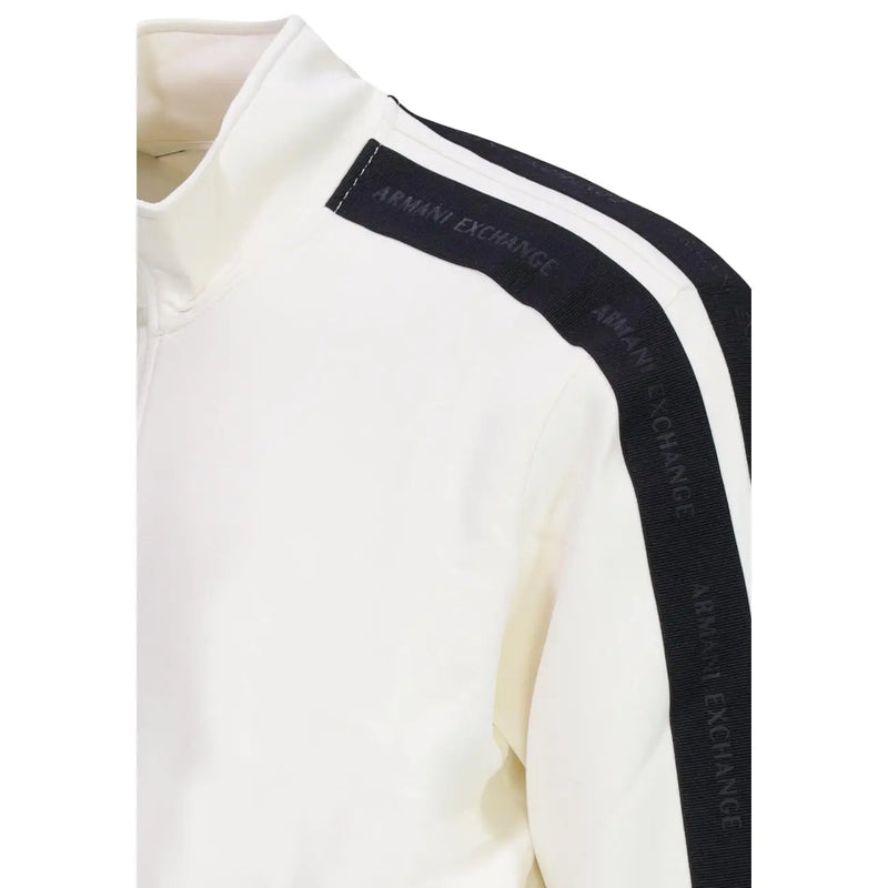 Armani Exchange Weißes Herren-Sweatshirt aus Baumwolle mit Tasche und schwarz gestreiften Schulterpartien