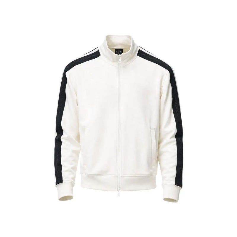 Armani Exchange Weiße Herren-Trainingsjacke aus Baumwolle mit Reißverschluss, schwarzen Ärmelstreifen und dezentem Brustlogo