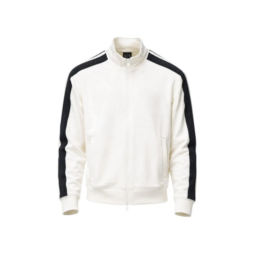 Armani Exchange Weiße Herren-Trainingsjacke aus Baumwolle mit Reißverschluss, schwarzen Ärmelstreifen und dezentem Brustlogo