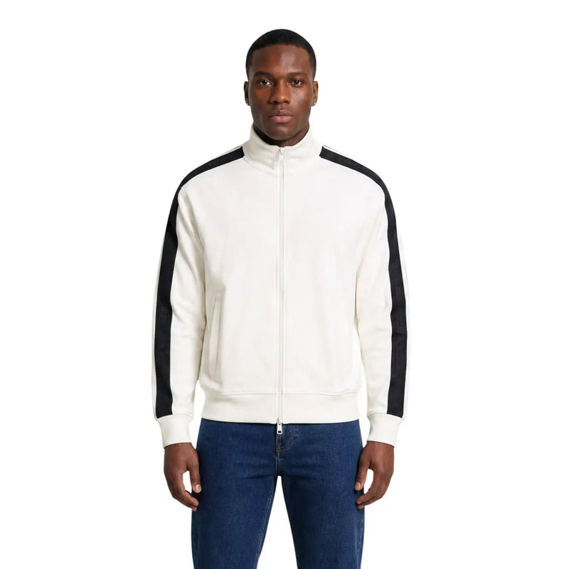 Armani Exchange Herren-Sweatshirt aus weißer Baumwolle mit Tasche und cremefarbener Trainingsjacke mit Reißverschluss und schwarzen Kontraststreifen