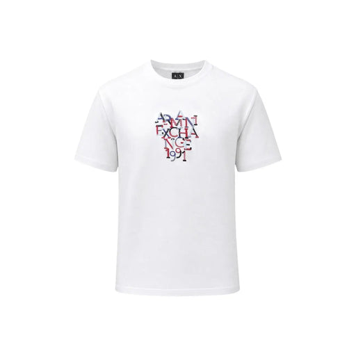 Armani exchange Weißes Herren-T-Shirt aus Baumwolle mit farbenfrohem, mehrlagigem Grafikdruck und dem Schriftzug „admin exchange 199“ in Rot und Blau