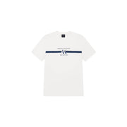 Armani Exchange Weißes Herren-T-Shirt aus Baumwolle mit marineblauem Querstreifen und mittig auf der Brust platziertem Logo.