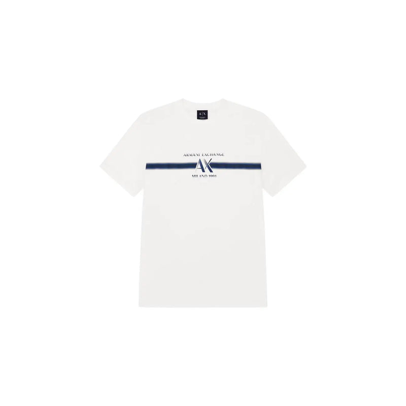 Armani Exchange Weißes Herren-T-Shirt aus Baumwolle mit marineblauem Querstreifen und mittig auf der Brust platziertem Logo.
