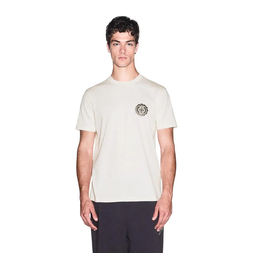 Armani Exchange Weißes Herren-T-Shirt aus Baumwolle in Cremefarbe mit dezentem, gesticktem, rundem Logo auf der linken Brustseite.