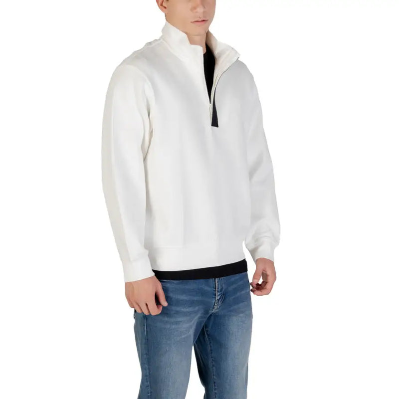 Armani Exchange men white long fall winter fleece sweatshirt with black trim on collar zipper pull and waistband