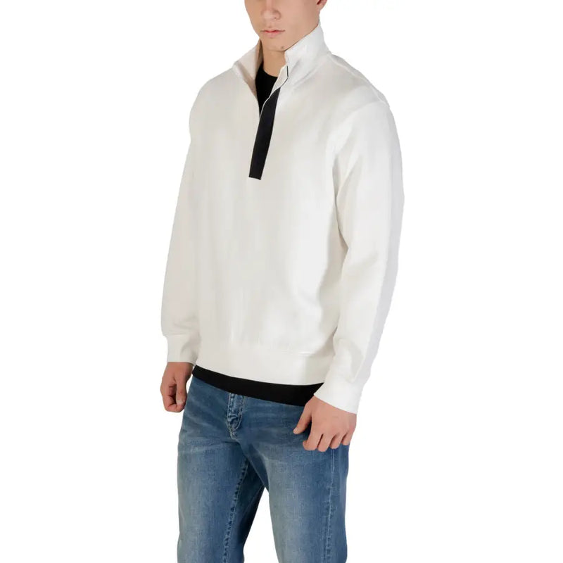 Armani Exchange men white long fall winter half-zip sweater with black zipper and trim for casual wear