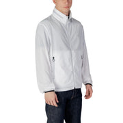 Armani Exchange Weißer Herren-Polyesterblazer mit Reißverschluss, leichtem Jackendesign, grauen Einsätzen und schwarzen Reißverschlussanhängern