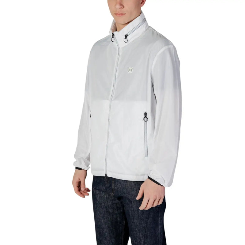 Armani Exchange Weißer Herren-Polyesterblazer mit Reißverschluss, dezentem Farbblock-Design und schwarzen Reißverschlussanhängern