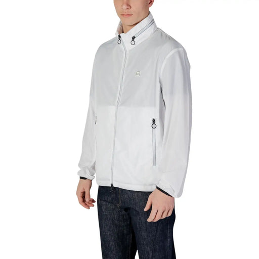 Armani Exchange Weißer Herren-Polyesterblazer mit Reißverschluss, dezentem Farbblock-Design und schwarzen Reißverschlussanhängern