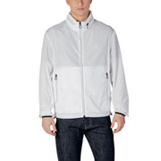 Armani Exchange Weißer Herren-Polyesterblazer mit Reißverschluss, dezentem Farbblock-Design und schwarzen Reißverschlussanhängern